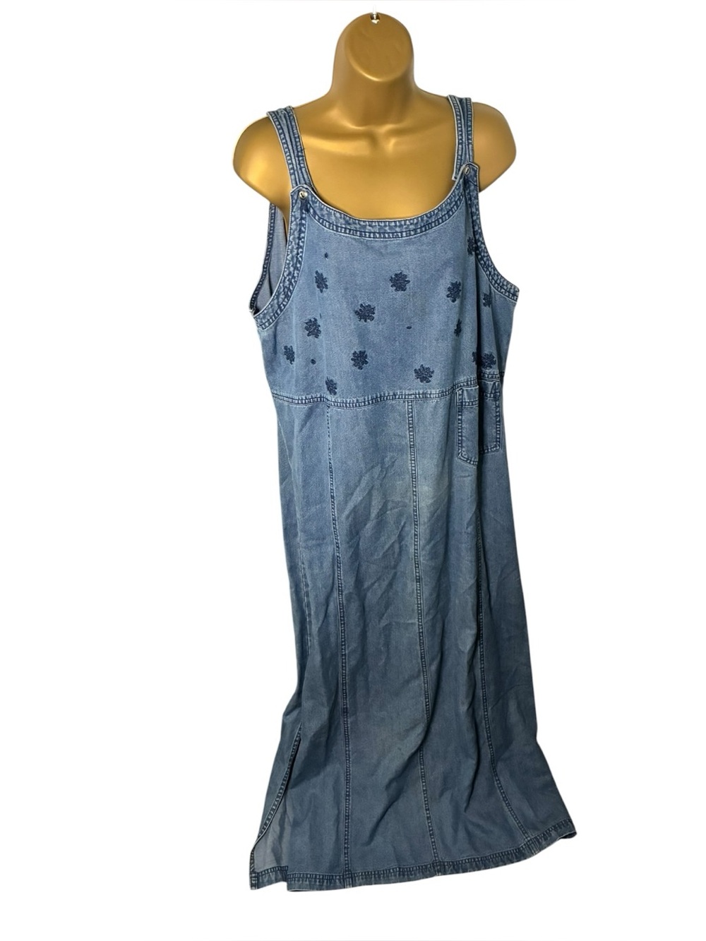 Vintage 90s Cherokee Embroidered Chambray Jumper Dress Floral Sleeveless Blue XL